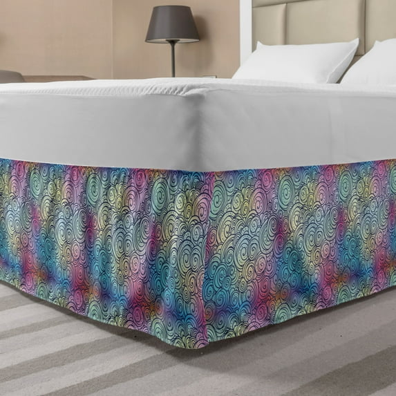 Creative Bed Skirt, Unicorn Tones Ethno Circular Spirals Scrolling Stripes Boho Imagination Art, Elastic Bedskirt Dust Ruffle Wrap Around for Bedding Decor, 4 Sizes, Multicolor, by Ambesonne