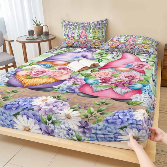 Cal.King Size Fitted Sheet Set - Blue Purple Gnomes 3 Piece Bedding Sets 16" Deep Pocket Fitted Sheet with 2 Pillowcases, Spring Hydrangea Flower Leaf Green Plaid Brushed Microfiber Hotel Bed Sheets