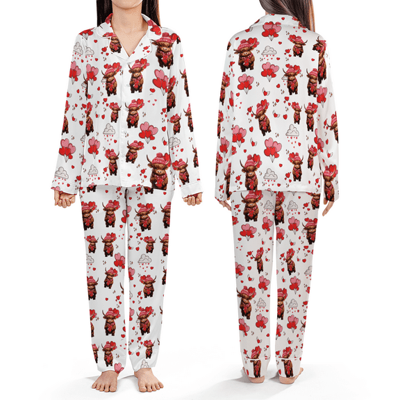 Cute Heifer Valentine Christmas Sleepwear, Heart Balloon Print Pajamas, Neutral Hamish Satin Pajamas