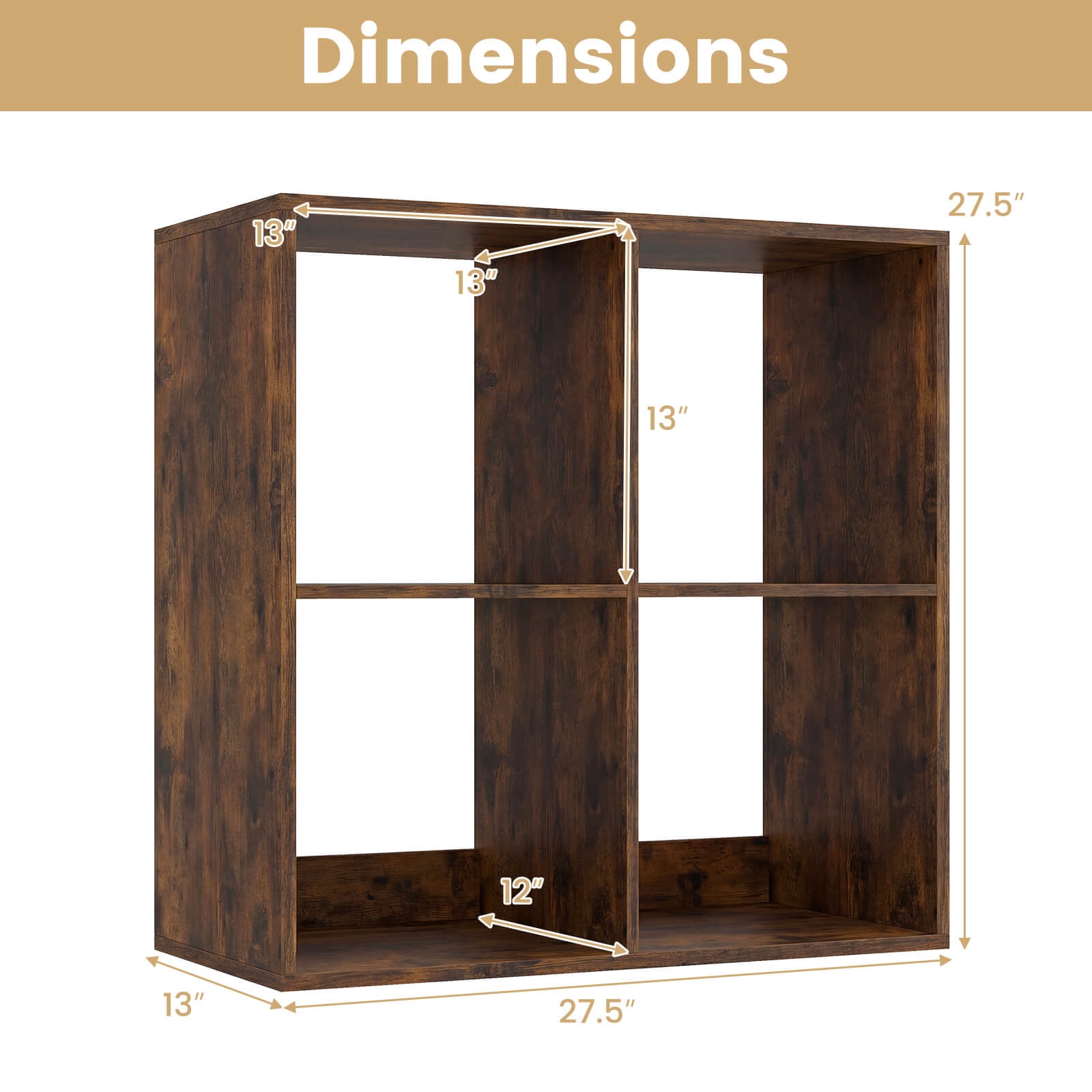 Costway 4-Cube Bookshelf, Modern Cubby Bookcase with Back Guardrail & Anti-tipping Kits Brown