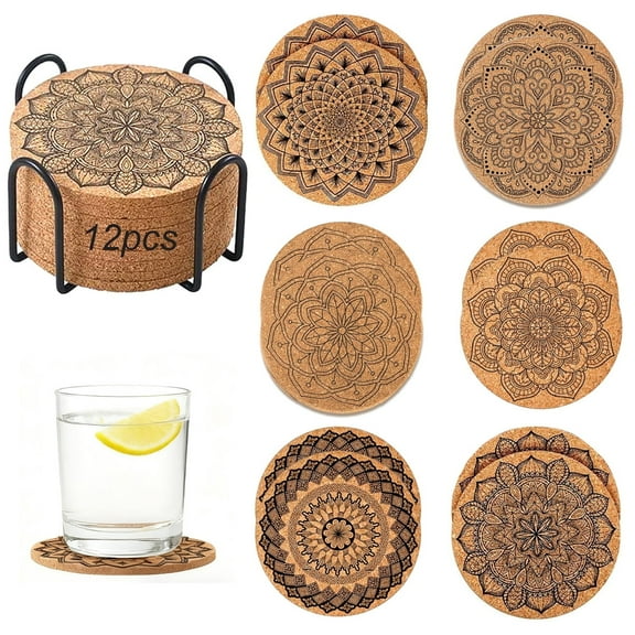 RYLZX Coasters for Drinks 12 pcs Absorbent Cork Coasters with Flower Coaster for Coffee Table Housewarming Gifts for New Home Present for Friends, Living Room Decor, Apartment Decor