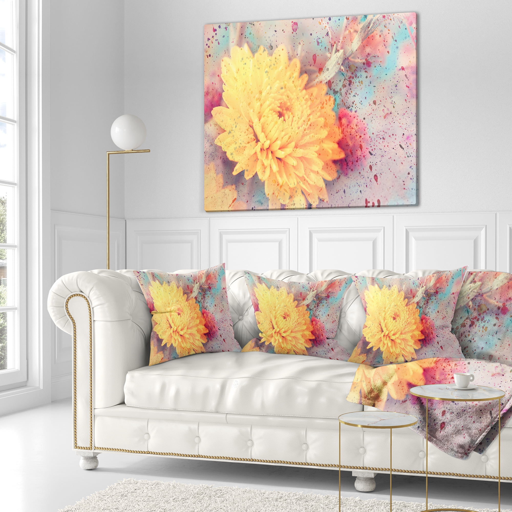 Designart Aster Flower with Watercolor Splashes - Flower Throw Pillow - 18x18