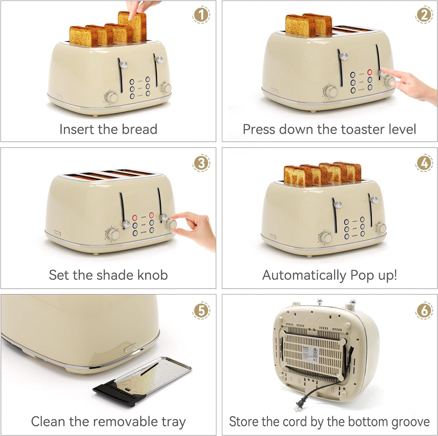 4-Slice Toaster with 6 Shade Browning Levels, 1.5'' Wide Slots, Dual Control Panels, and Removable Crumb Tray - Cream
