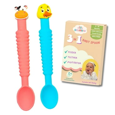 Little Grubbers 3-in-1 Silicone Baby Spoon Self Feeding 6  Months - Teether Spoon, Pediatric OT Approved, Safe Non Toxic Toddler Utensils, Mess-Free, Fun for Baby Led Weaning Supplies, Cow & Duck