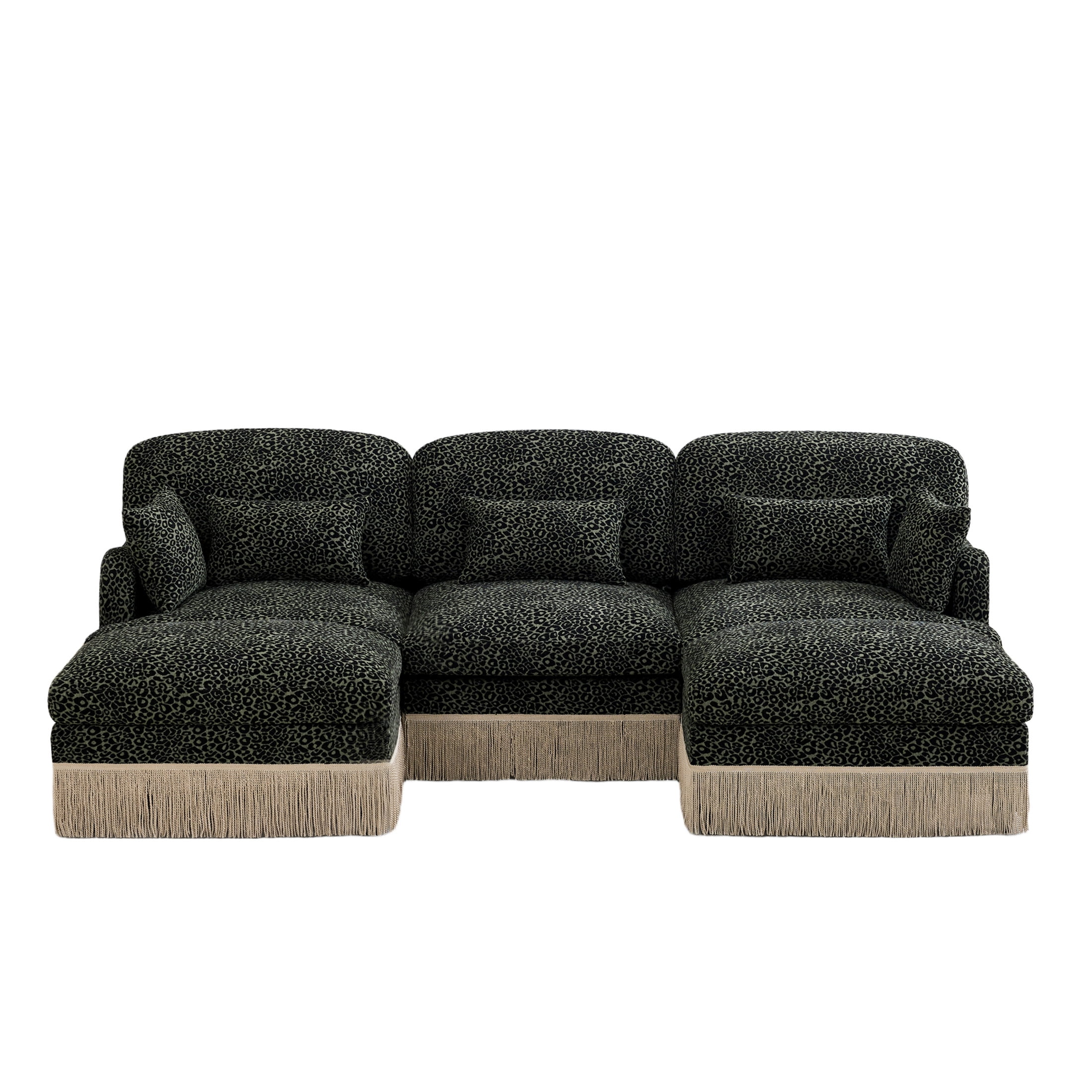 Noble House Carola Leopard Print Chenille 3-Seater Sofa, Modular Sectional Couch with 2 Ottomans and Tassel Trim, Green