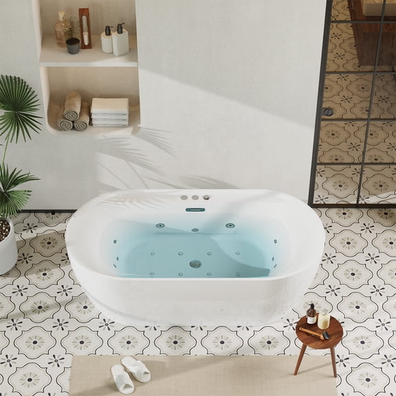Acrylic Freestanding Bathtub with Jetted & Air Bubble System, Heated Hydrotherapy Tub with Massage Function, Professional Spa Experience at Home
