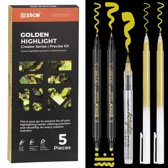 5 Pack Gold Acrylic Ink Pens for Drawing, Fine Point Gold Gel Pens, Dual Brush Tip Markers for Black Paper Highlighting, Sketching, Illustration