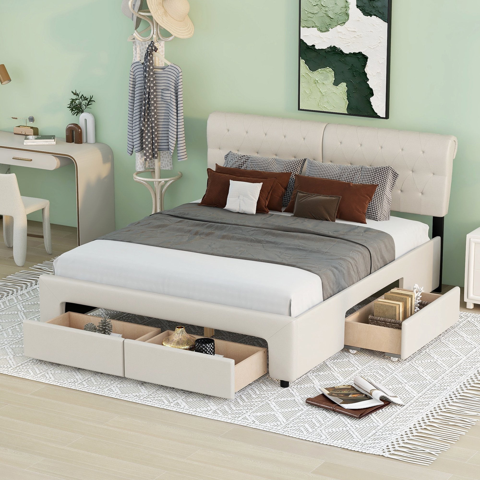 Queen Upholstery Platform Bed with Four Drawers, Modern Linen Platform ...