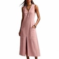 thumbnail image 2 of Uootdi Robes en Lin pour Femmes Col en V Sans Manches Détail Fendu Robes Coupe Décontractée Robes Maxi Tenue de Vacances Cadeau, 2 of 8