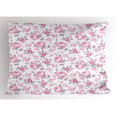 Shabby Chic Pillow Sham Pink Roses with Grey Leaves Garden Bedding Plants Spring Blossoms, Decorative Standard Size Printed Pillowcase, 26 X 20 Inches, Pale Pink White Grey, by Ambesonne