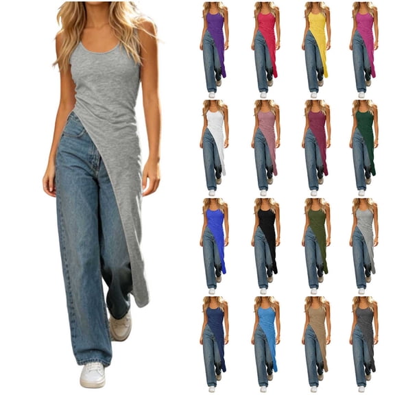 Women's Crew Neck Sleeveless Long Tank Top Solid Color Asymmetric Slit Hem Slim Fit Casual Summer Cami Vest Yellow