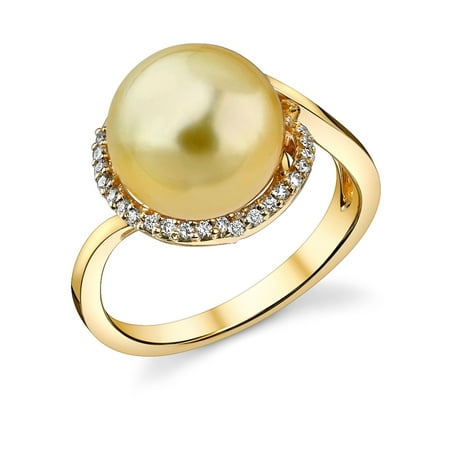 10 Mm Pearl Ring - 10mm Golden South Sea Cultured Pearl & Diamond Summer Ring in 18K Gold