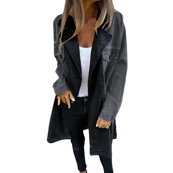 Women'S Long Sleeves Notched Lapel Double Breasted Denim Spliced Faux Suede Leather Long Coat Outerwear Black XXL