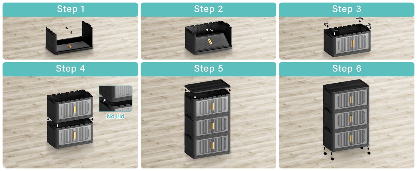 Collapsible Closet Organizers with Lid, 5 Tiers Stackable Plastic Storage Bins Cabinet with Wheels and Magnetic Door (Black)