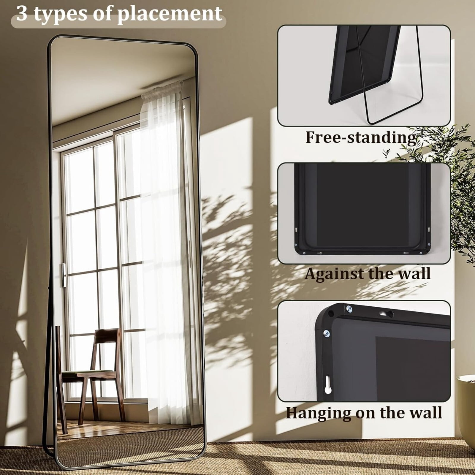 Lumora 60"x20" Full Length Aluminum Alloy Standing Floor Mirror, Black