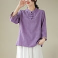 thumbnail image 2 of Womens Mandarin Collar Cotton Linen Blouse Retro Embroidery Chinese Buttons Tunic Tops Breathable Casual Summer Shirts, 2 of 5