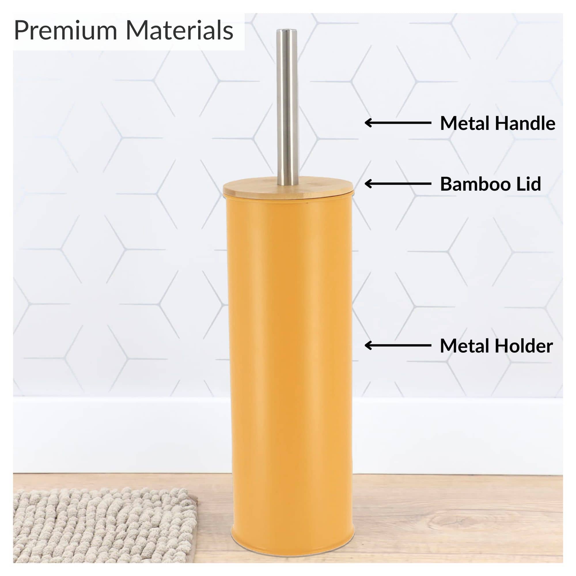 Mustard Yellow Metal Toilet Brush and Holder Set With Bamboo Lid