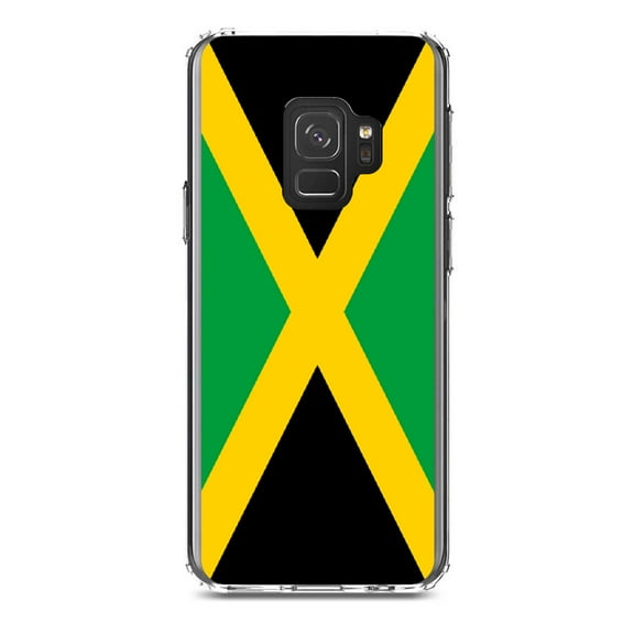 DistinctInk Clear Shockproof Hybrid Case for Samsung Galaxy S9 (5.8" Screen) - TPU Bumper, Acrylic Back, Tempered Glass Screen Protector - Jamaica Flag Black Green Yellow - Jamaica