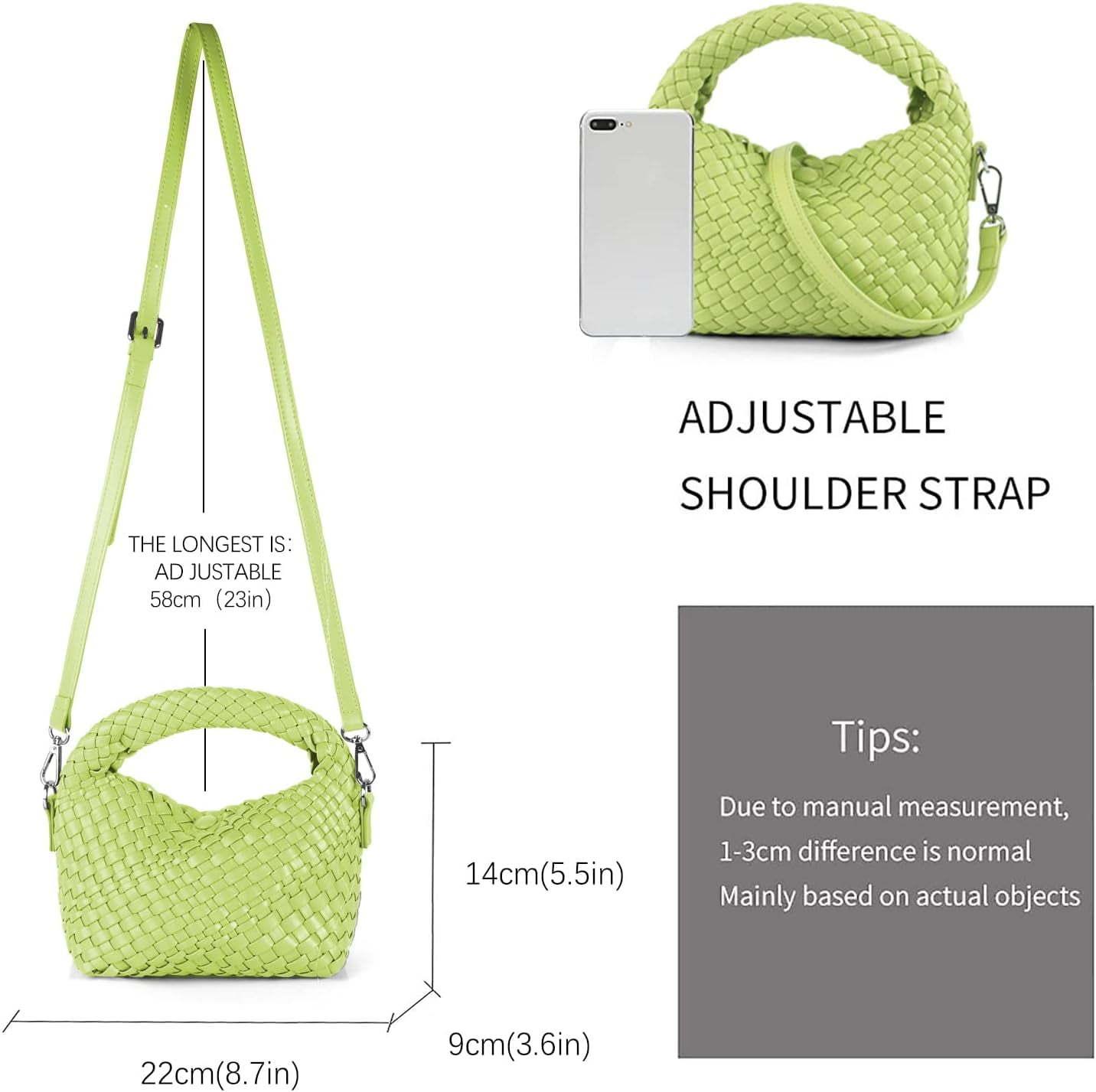 HMSHA Women Woven Tote Small Crossbody Bag, Weave Quilted Purse Square Shoulder Bag Woven Handbag with Detachable Strap