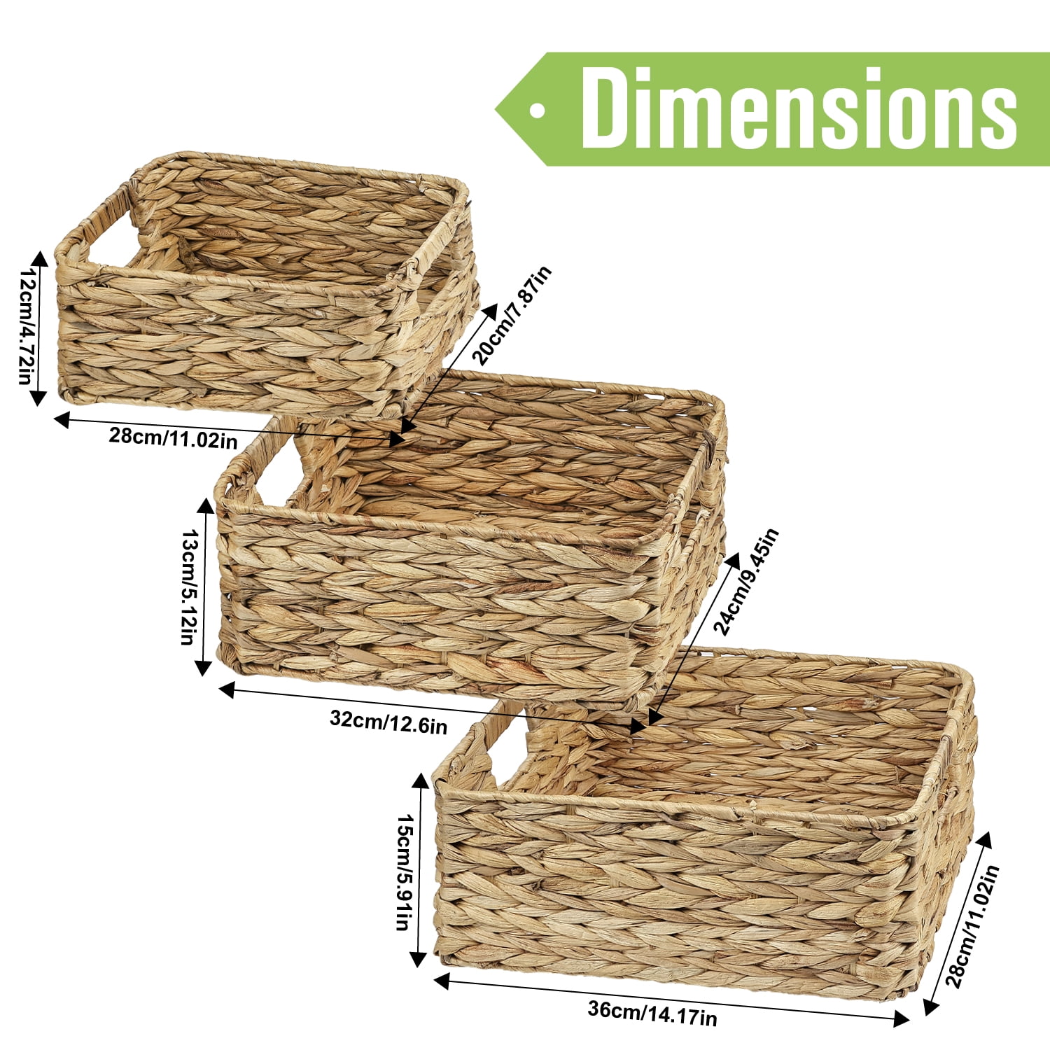 Garnen Set of 3 Wicker Basket Storage, Woven Basket with Handle, Decorative Wicker Baskets Rectangular for Desk Organizer Bathroom Tray, 11" 13" 14"