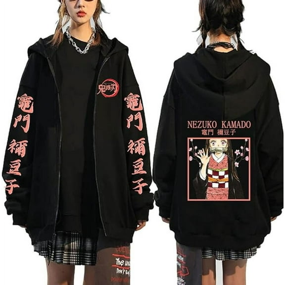 Kamado Nezuko Hoodie Jacket Tanjiro Zipper Sweatshirt Anime Nezuko Cosplay Kamado Tanjirou Zipper Novelty Jacket Unisex