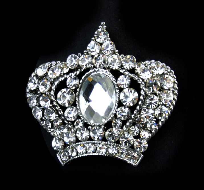 Belagio Rhinestone Crown Brooch, Locking Bar Clasp, Crystal and Silver, 1 Piece