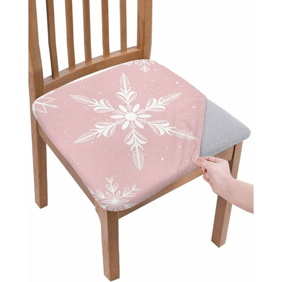 Pink Christmas Chair Seat Covers for Dining Room Stretch Chair Seat Covers Set of 4, Xmas Snowflake Winter Chair Seat Protector Cushion Slipcovers for Kitchen Restaurant Office