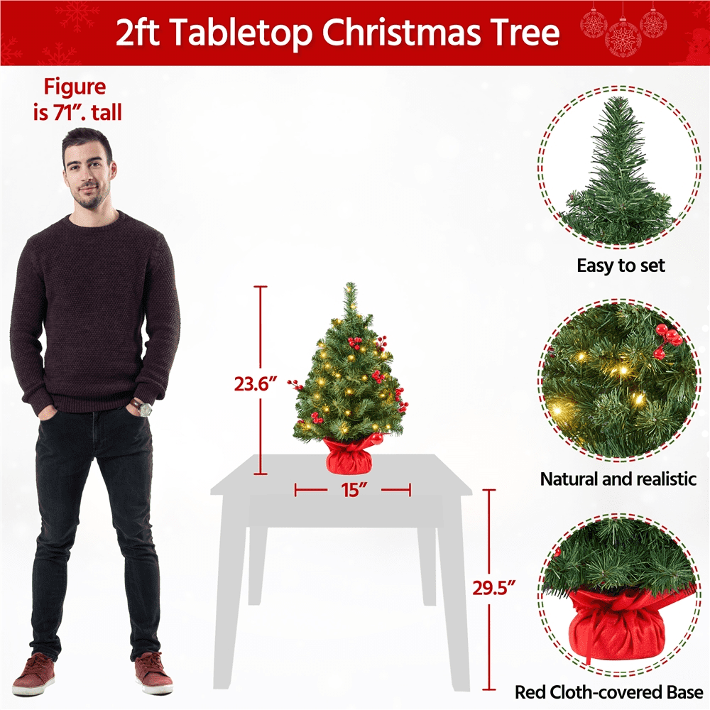 Renwick 2 ft Tabletop Christmas Tree with 35 LED Lights & Red Berries, Green