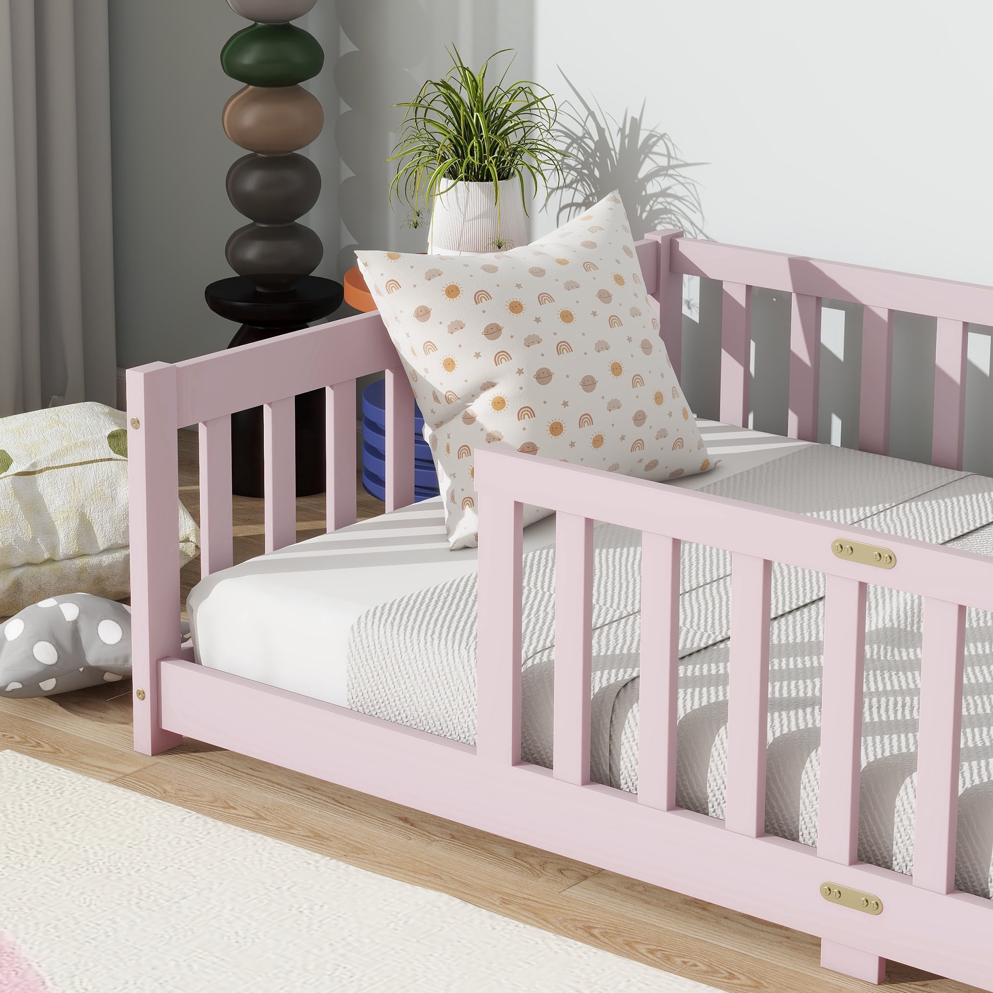 Twin Size Floor Bed with Fence, UHOMEPRO Montessori Floor Bed with Slats and Safety Guardrails, Solid Wood Twin Bed Frame for Bedroom, Pink