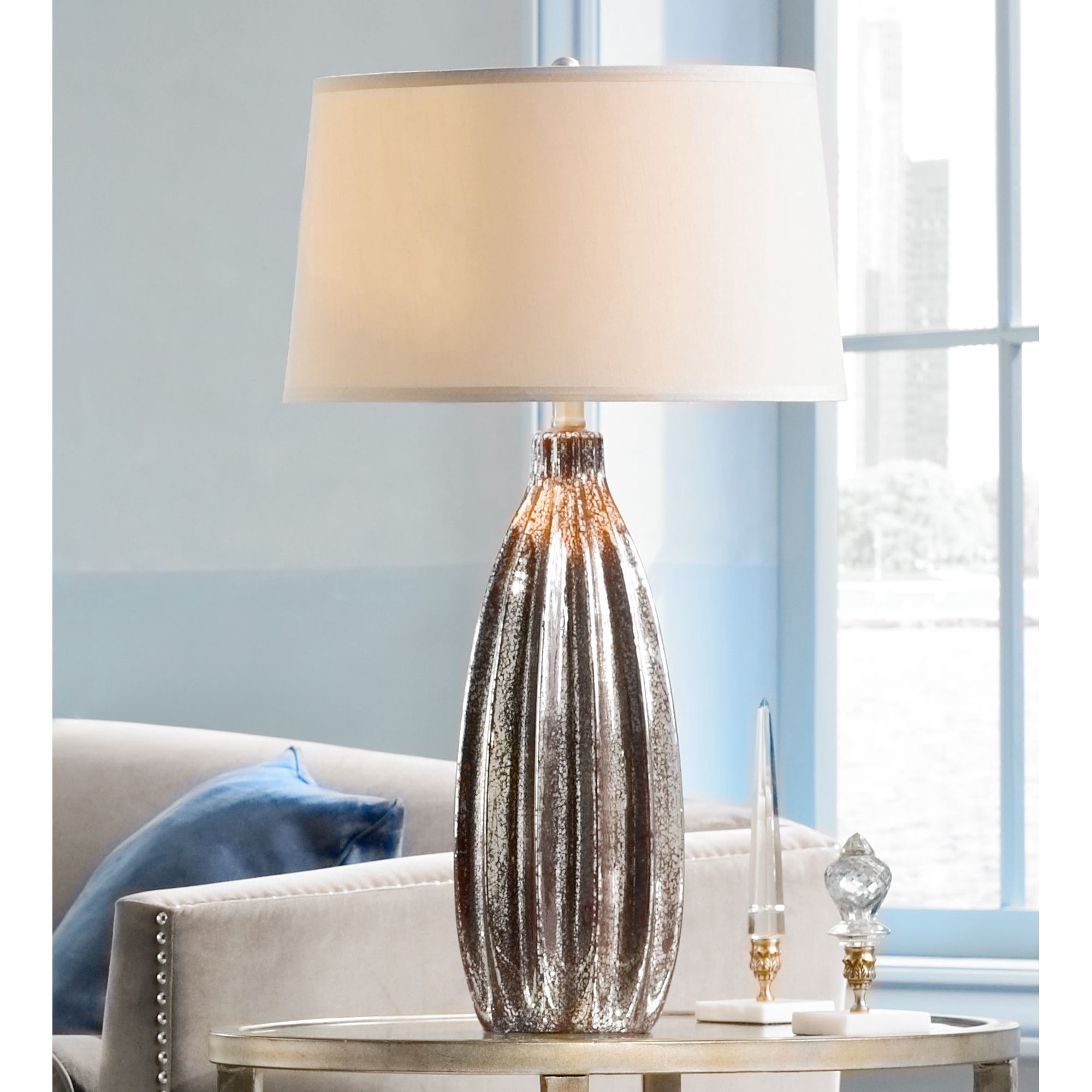 Possini Euro Design Stella Modern Table Lamp 30" Tall Fluted Mercury Ribbed Glass Taupe Drum Shade for Bedroom Living Room Bedside Nightstand Office