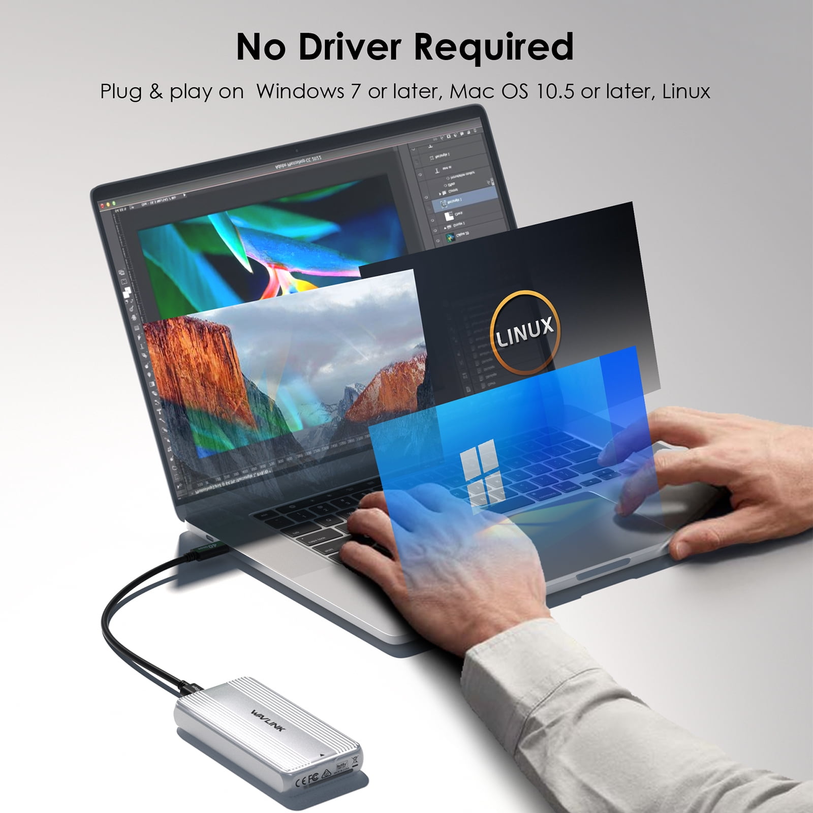 WAVLINK USB SSD Enclosure 40Gbps USB4 PCIe NVMe SSD Enclosure, for 2230/2242/2260/2280 B+M/M-Key PCIe SSD, SSD Case Compatible with MacBook/Mac Mini M4/M3/M2/M1