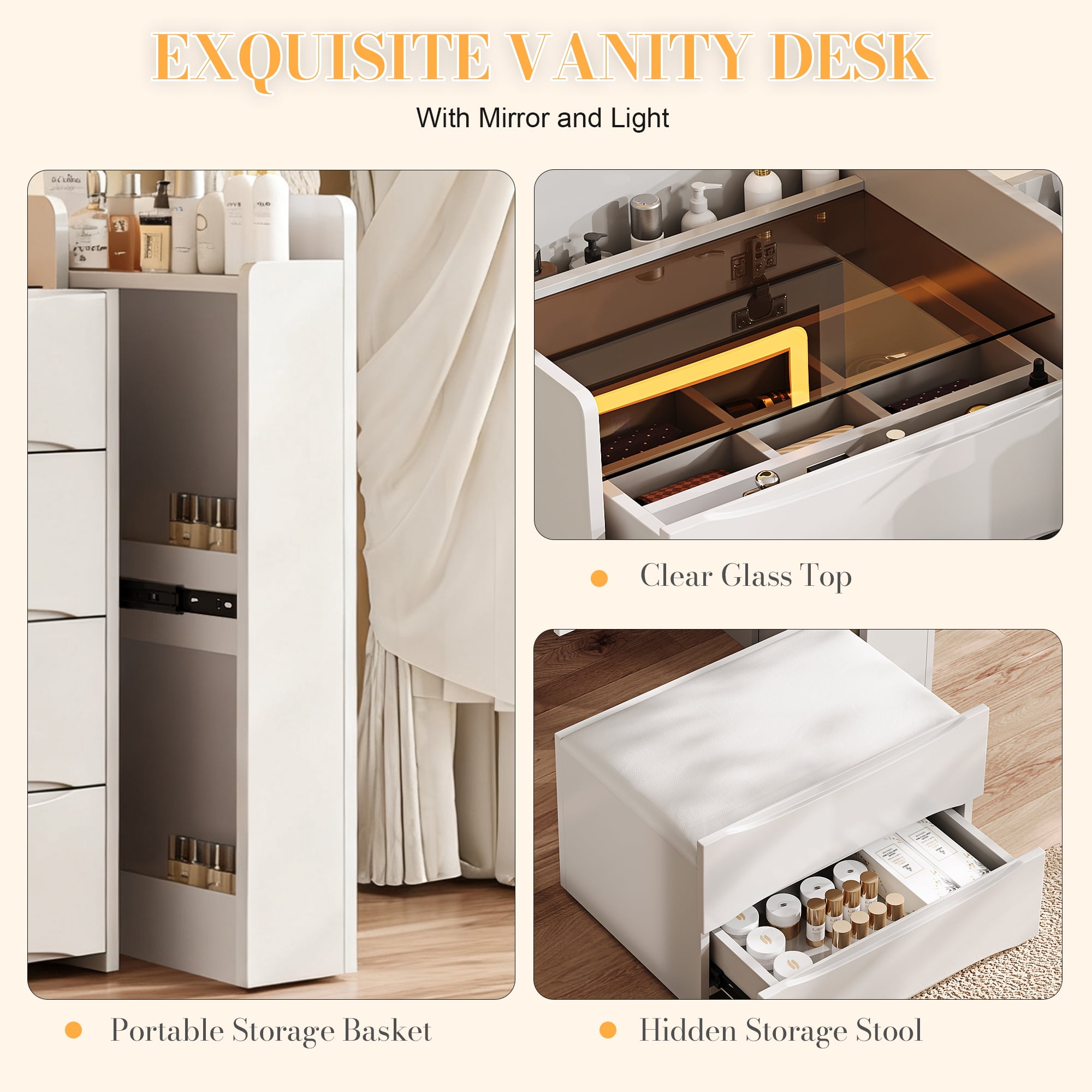 3-in-1 Flip Mirror Vanity Desk with Lights & Storage, Makeup Dressing Table with Adjustable LED, Side Sliding Tray and Stool, Space-Saving Furniture for Bedroom(White)
