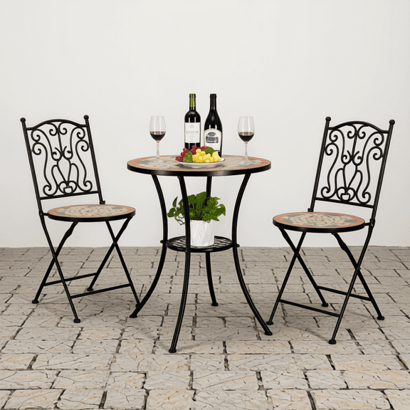 3-Piece Outdoor Bistro Set with Mosaic Table and Folding Chairs, Black Metal Frame, Garden Patio Conversation Furniture