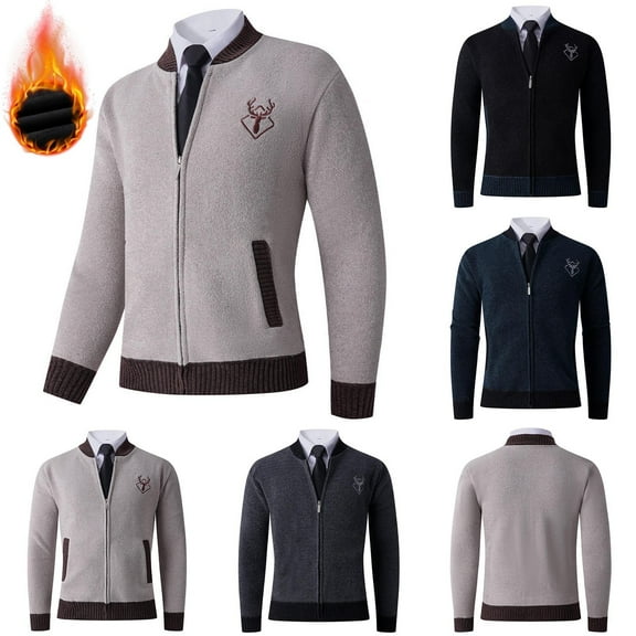 safuny Men's Cardigan Jacket Regular Crewneck Long Sleeve Coat Embroidered Warm Formal Casual Outerwear Beige L