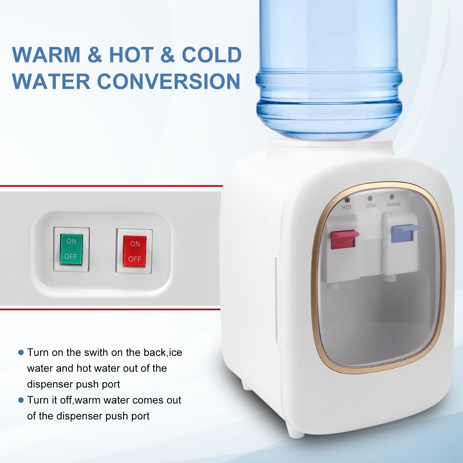 Water Cooler Dispenser Top Loading Holds 3 & 5 Gallon Bottles - 3 Temperature Settings - Hot, Cold & Room Water, Countertop Perfect for Homes, Kitchens, Offices, Dorms, White
