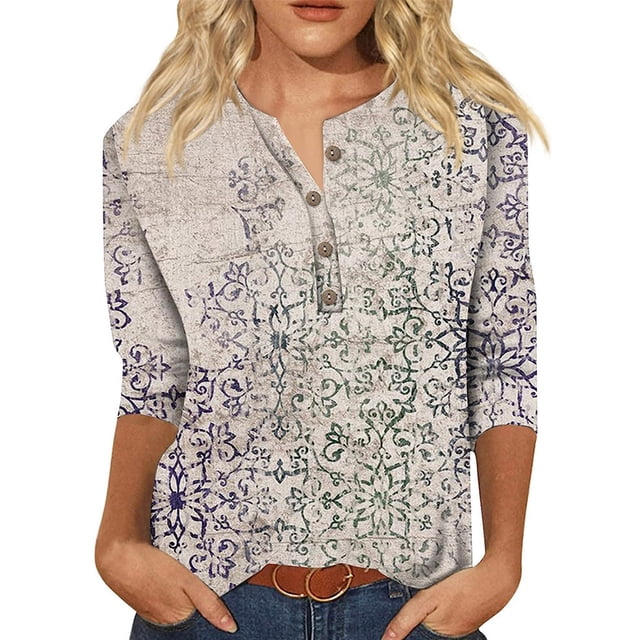 Innerwin Hauts Imprimé Floral T-Shirt Femme Col Rond Ample Bleu Abricot S