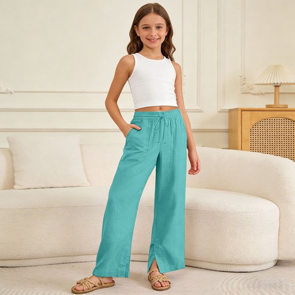 Shachafan Girls' Casual Solid Color Pants For Kids Everyday Comfort Breathable Knit Elastic Waist Kidswear For School And Play Kids Sweat Suit