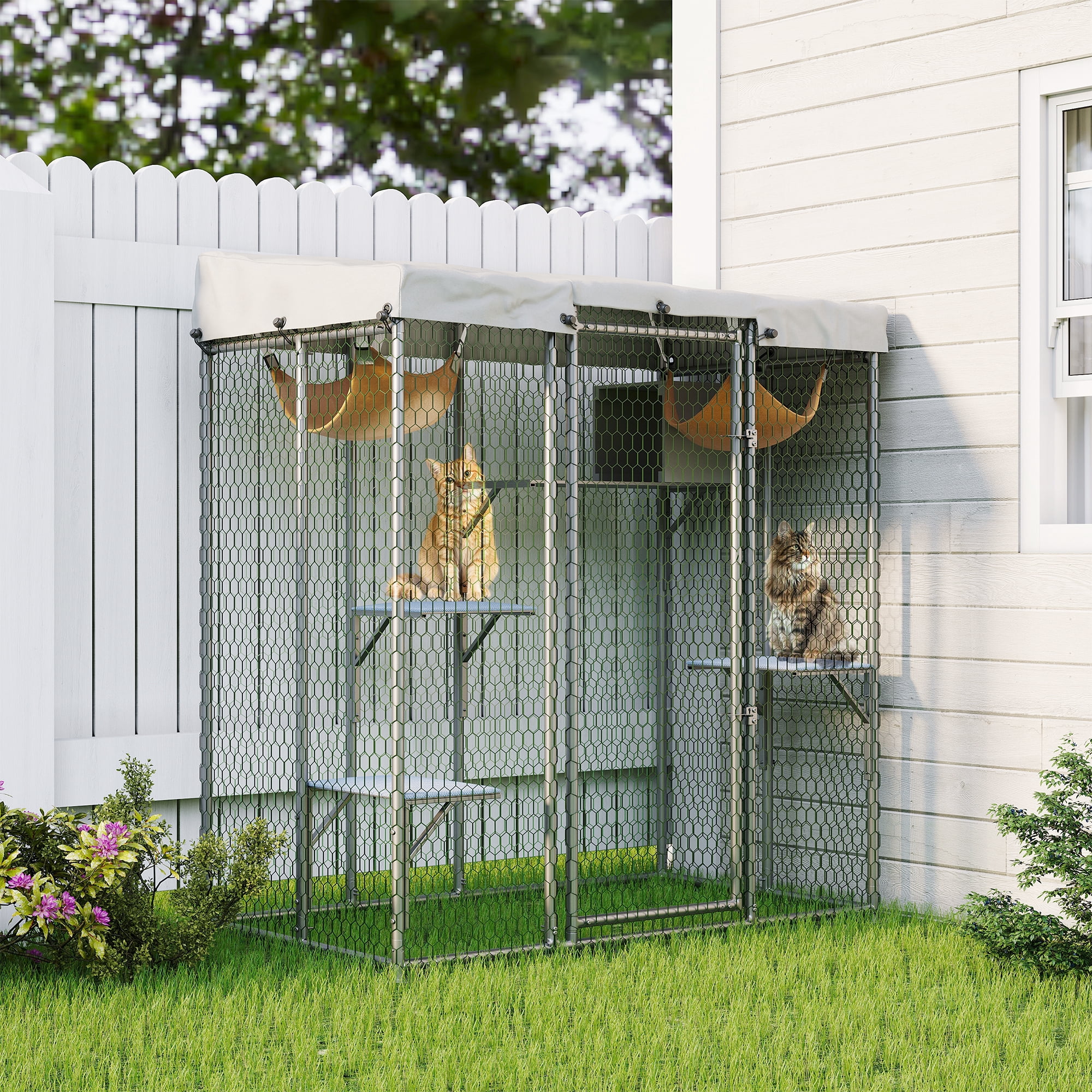 Large Catio Outdoor Cat Enclosure,Galvanized Steel Walk-in Cat House with Waterproof Cover, Resting Box & 2 Hammock, Feral Animal Shelter