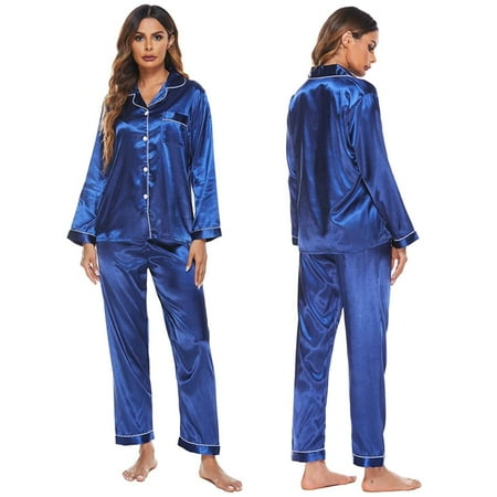 

2PCS Women s Comfy Satin Pajamas Set Long Sleeve Loungewear Two-piece Sleepwear Button-Down Pj Nightwear Set Plus Size S M L XL 2XL