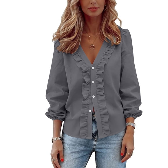 TaTaai Women's Casual Long Sleeve Blouse V-Neck Ruffle Trim Solid Color Flounce Top Loose Fit Plus Size Soft Comfy Spring Summer Daily Holiday Wear Gift