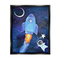 Stupell Industries Animals in Outer Space Rocket Ship Star Balloon Night Sky Graphic Art Jet Black Floating Framed Canvas Print Wall Art, Design by Andrea Doss