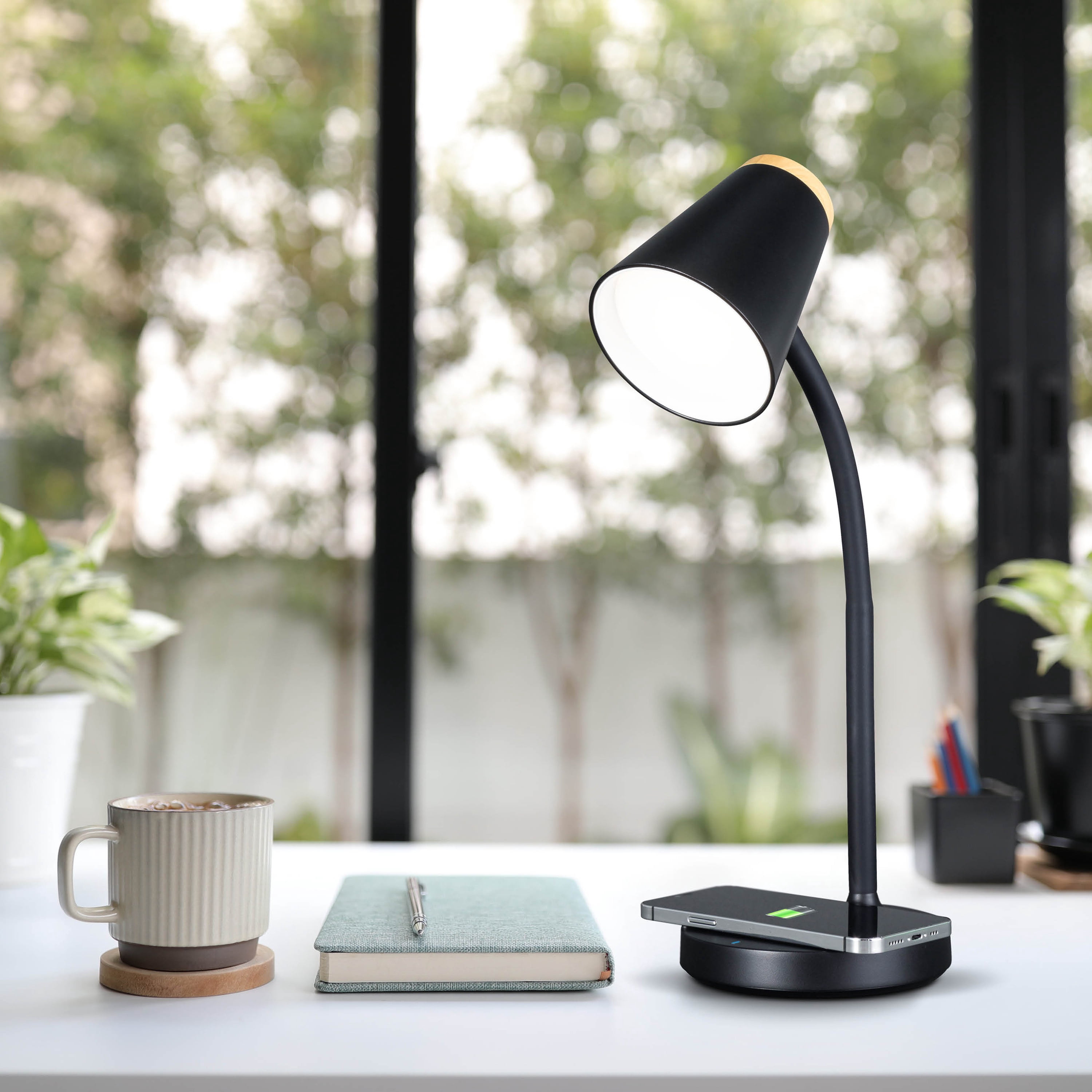 OttLite Gleam LED Desk Lamp with Wireless Charging, Dimmable, Black with Wood Accent, 3 Color Modes