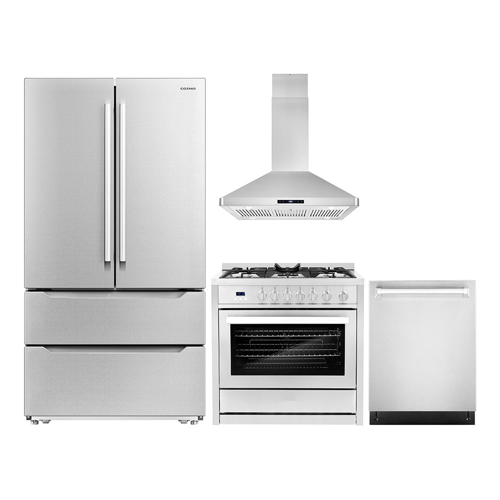 Cosmo 4 Piece Kitchen Appliance Package with 36" Freestanding Gas Range 36" Island Range Hood 24" Built-in Integrated Dishwasher & French Door Refrigerator Kitchen Appliance Bundles