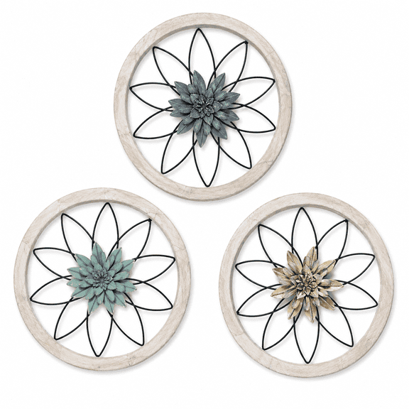 Round Farmhouse Wall Decor with 3 Interchangeable Flowers, 12" Wood and Metal Rustic Wall Art 3-Piece