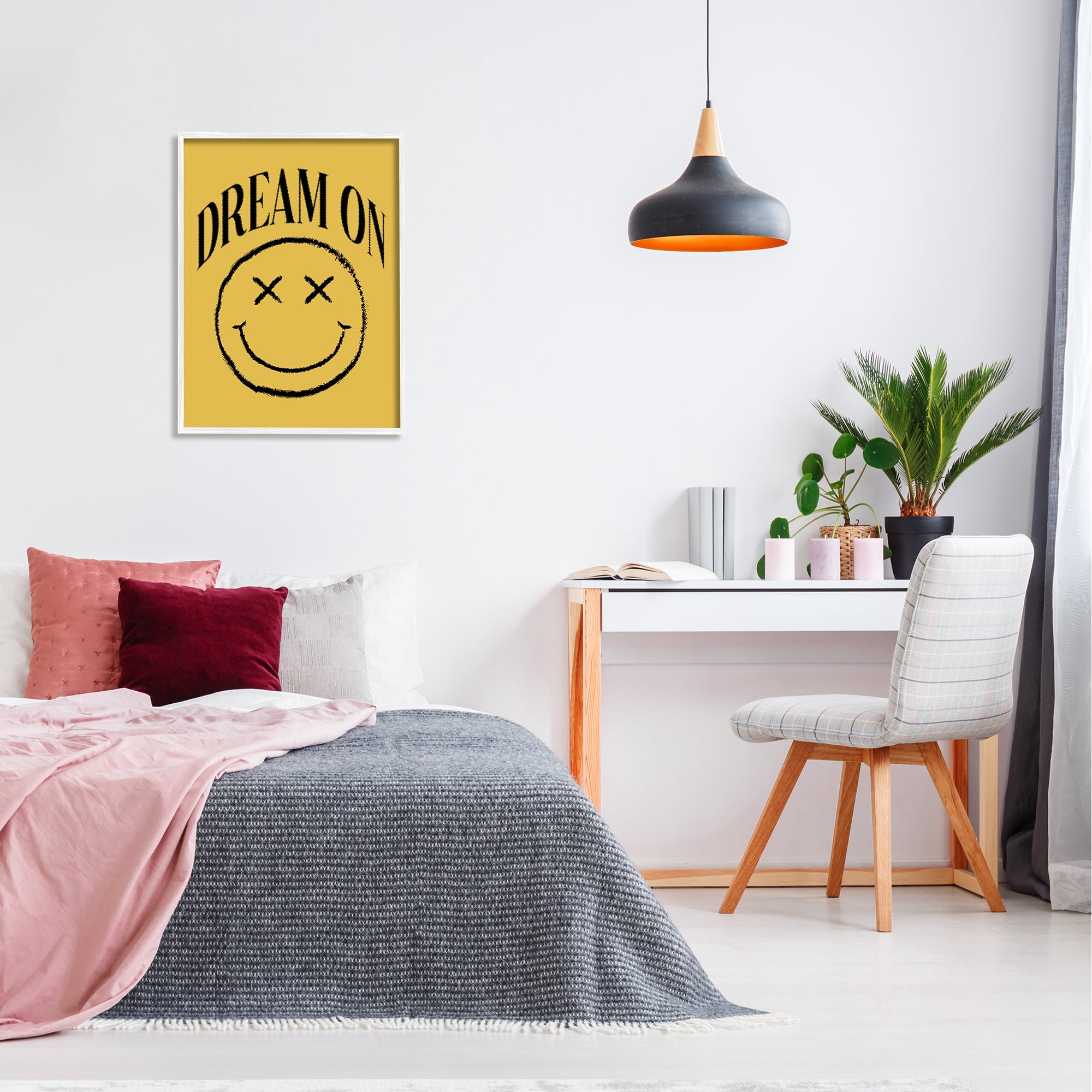 Stupell Industries Dream On Yellow Smiley Abstract Painting White Framed Art Print Wall Art, 24 x 30
