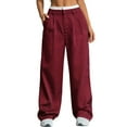 thumbnail image 2 of Women'S Striped Pants Color Block High Waisted Wide Leg Casual Work Office Long Trousers Wine Red L, 2 of 9