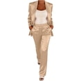 thumbnail image 4 of Floleo Women Shiny Satin Lapel Long Sleeve Blazer Elastic High Waist Straight Pocket Pants 2 Piece Elegant Business Party Matching Suit Set, 4 of 5