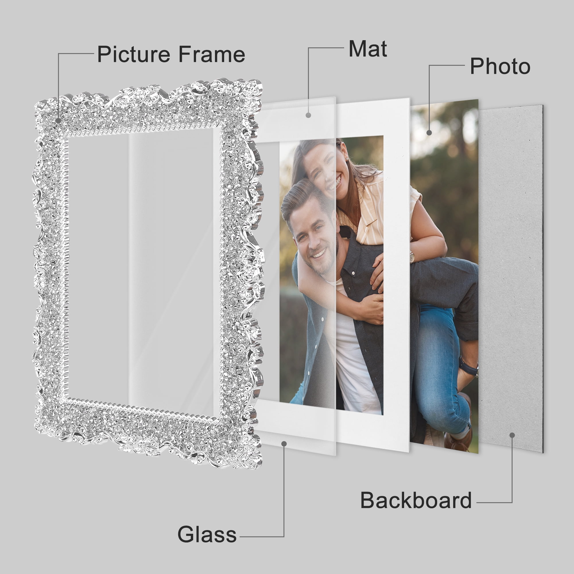 Unique Bargains Plated Picture Frame with Crystal Photo Frames Silver Oval Shape Silver Rectangle 4x6/8x10