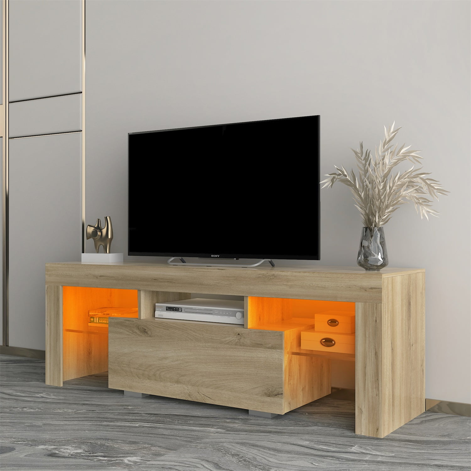 Kadyn TV Stand, Particle Board TV Cabinet Entertainment Center with LED RGB Lights and Storage, Oak High Gloss TV Console Table for TVs up to 55"