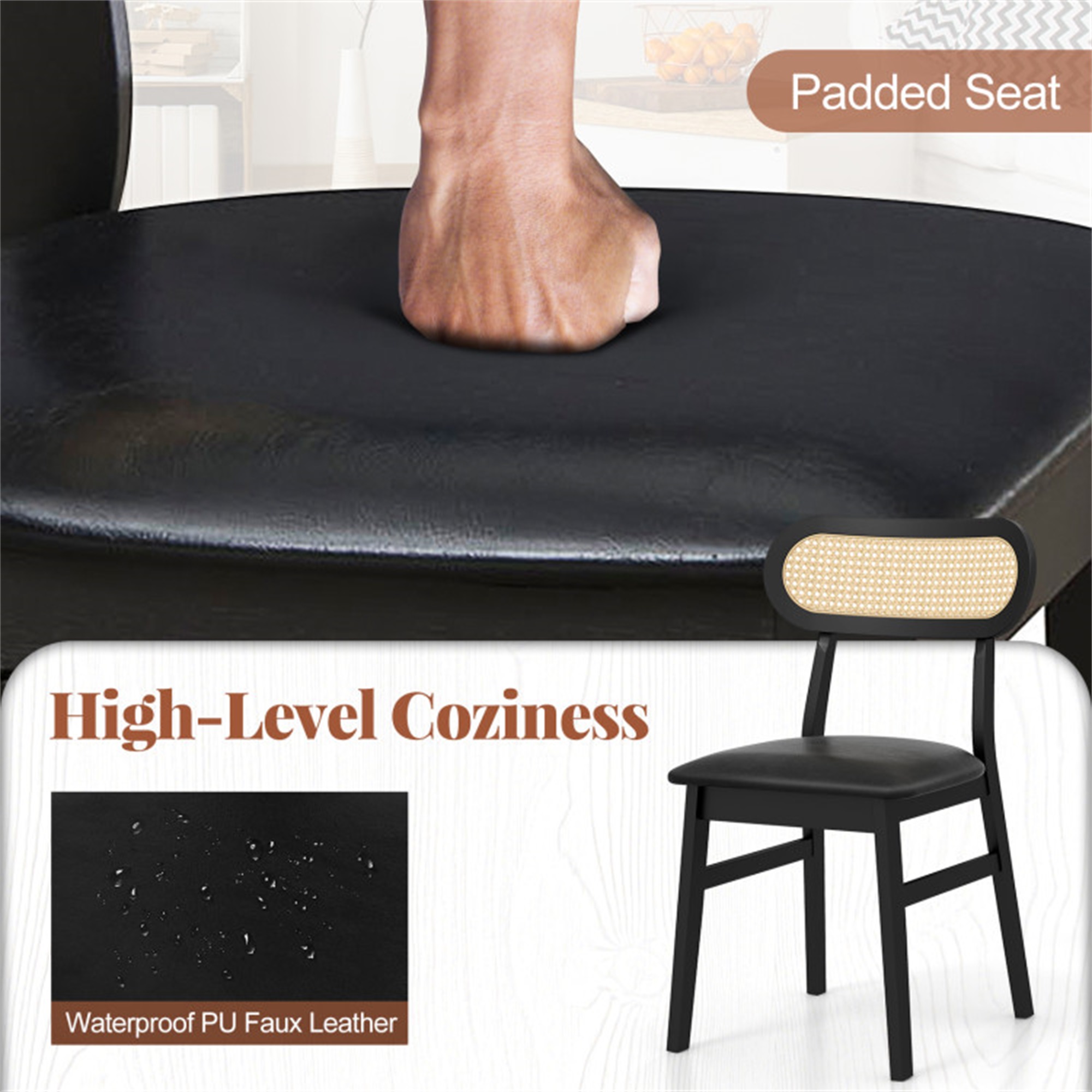 Demi Bonn Set of 2 Indoor Mid Century Wood Dining Chairs with Breathable Mesh Cane Backrest for Dining Room, Black